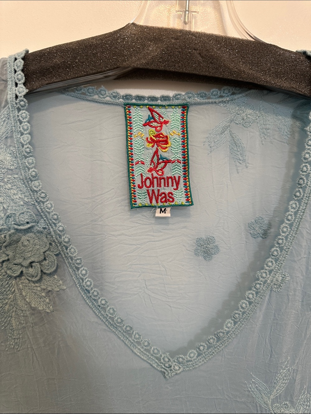 Johnny Was Sky Blue Embroidered V-Neck Tunic